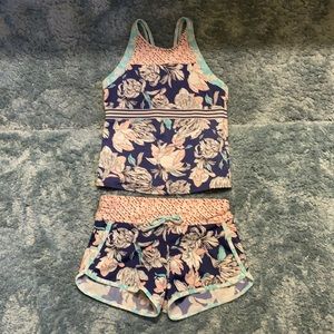Athleta Girl Swimsuit Tankini & Cannon Ball shorts-Size Lg/12- Blue Floral Print